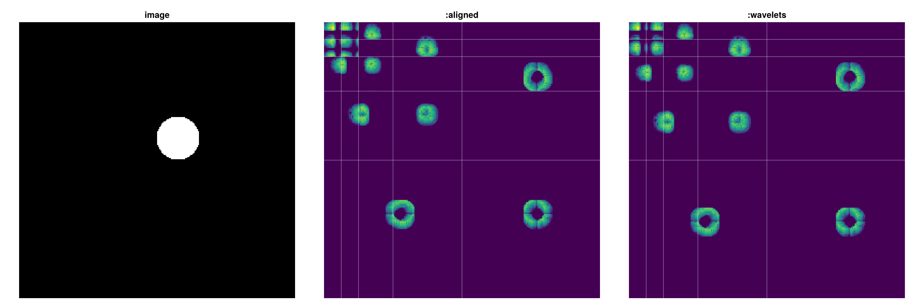 Multilevel coefficients under `:aligned` and `:wavelet` conventions.
